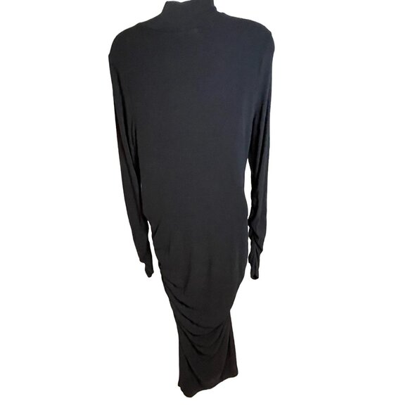 Sanctuary Black Long Sleeve Midi Dress Sz L Draped Side Ruched Stretch High Neck - Picture 2 of 10